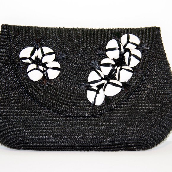 DELIX REY Black Straw Sea Shell Clutch RARE !! - Picture 2 of 5